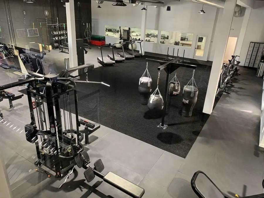 The training floor at Longevity Total Fitness in Bellaire, with heavy bags, cable machine and treadmills