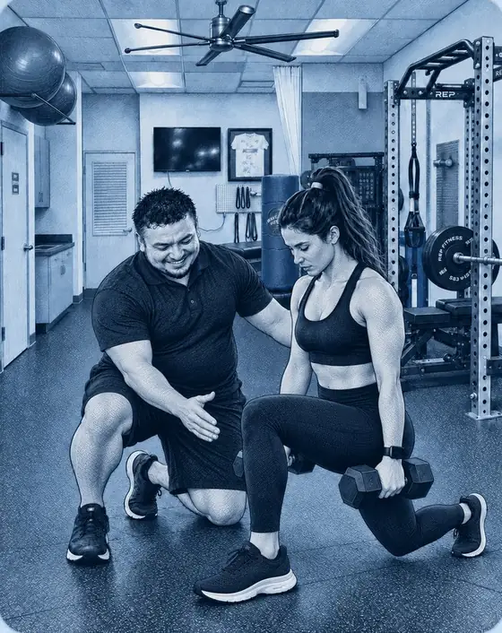 Illustration of Oscar coaching a client through a dumbbell lunge at Sports Lab