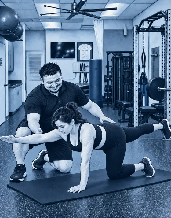 Illustration of Oscar guiding a client through a bird-dog corrective exercise on a mat at Sports Lab