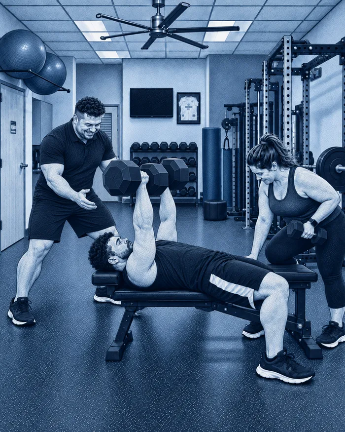 Illustration of Oscar coaching a small group: one client on a dumbbell bench press, another doing dumbbell rows