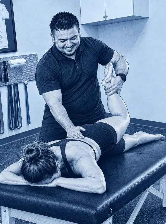 Illustration of Oscar giving a client an assisted quad stretch on the table